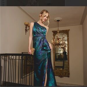 Adrianna Papell Teal and Navy One-Shoulder Evening Gown